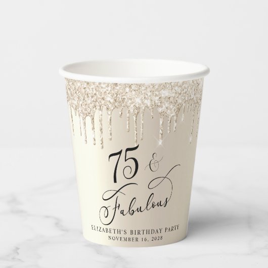 Elegant Gold Glitter 75e verjaardag Papieren Bekers (Achterkant)