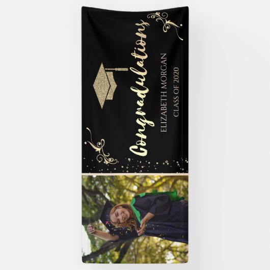 Elegant Gold Glitter Afstuderen Pet, foto-Afstuder Spandoek (Verticaal)