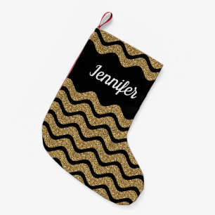 Elegant Gold Glitter Black Chevron Stripes Name Kleine Kerstsok