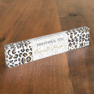Elegant Gold Glitter Black Leopard Animal Print Naambordje