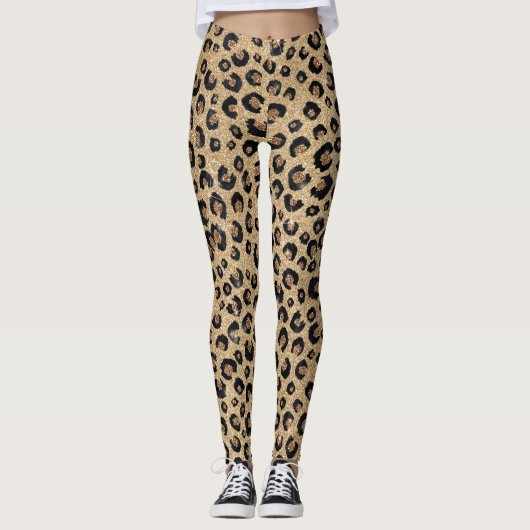 Elegant Gold Glitter Black leopard Print Leggings (Voorkant)