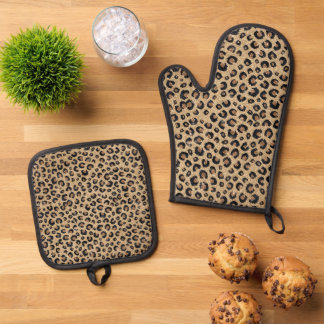 Elegant Gold Glitter Black Leopard Print Ovenwant & Pannenlap Set