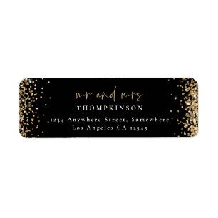 Elegant Gold Glitter Black Return Name Address Etiket