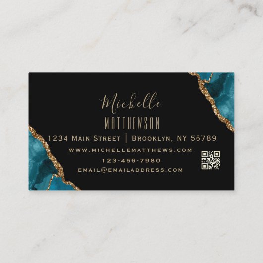 Elegant Gold Glitter Blue Agate Marble QR Code Visitekaartje (Achterkant)