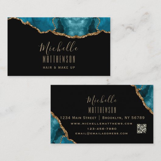 Elegant Gold Glitter Blue Agate Marble QR Code Visitekaartje (Voorkant / Achterkant)