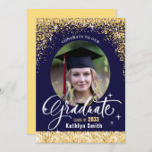 Elegant Gold Glitter Blue Photo Graduparty Kaart (Voorkant / Achterkant)