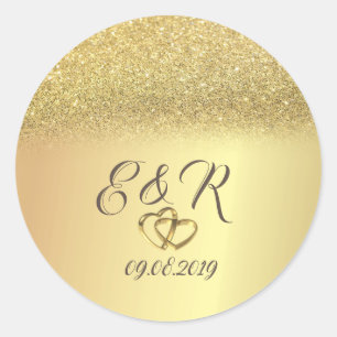 Elegant Gold Glitter Bokeh, Hearts Wedding Ronde Sticker