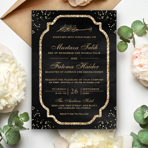 Elegant Gold Glitter Border Black Muslim Weduwen Kaart