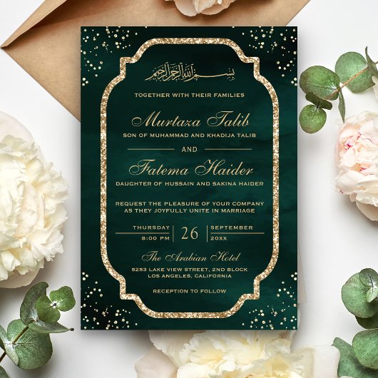 Elegant Gold Glitter Border Emerald Muslim Weduwen Kaart