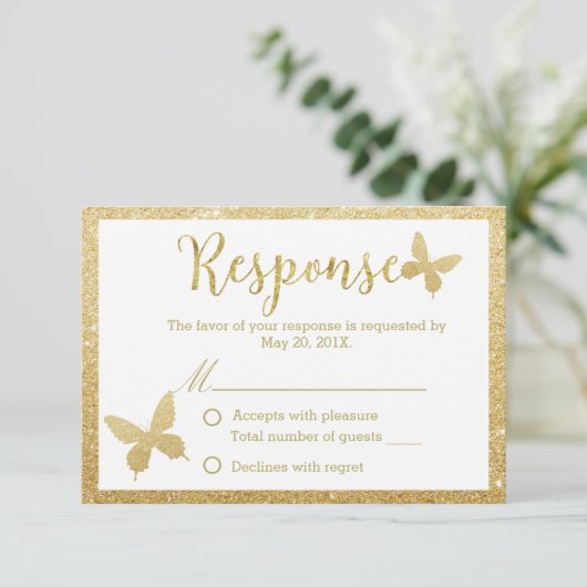 Elegant Gold Glitter Butterfly Weduwreactie RSVP Kaartje (Staand voorkant)