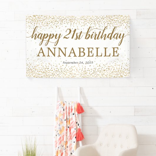 Elegant Gold Glitter Confetti Happy 21st verjaarda Spandoek (Insitu)