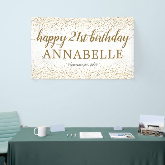 Elegant Gold Glitter Confetti Happy 21st verjaarda Spandoek (Beurs)
