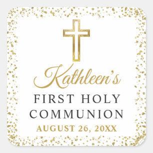 Elegant Gold Glitter Cross First Heilige Communie Vierkante Sticker