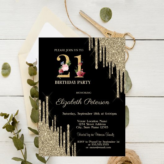 Elegant Gold Glitter Drips Black 21st verjaardag Kaart