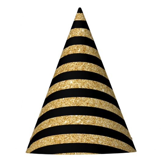 Elegant Gold Glitter en Black Stripe Pattern Feesthoedjes (Voorkant)