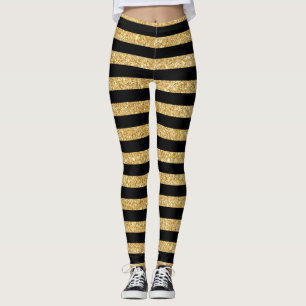 Elegant Gold Glitter en Black Stripe Pattern Leggings