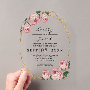 Elegant Gold Glitter Geometric Pink Floral Wedding Acryl Uitnodigingen