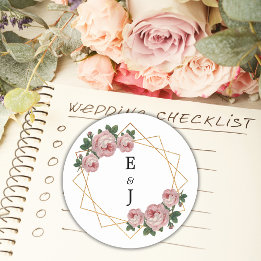 Elegant Gold Glitter Geometric Pink Floral Wedding Ronde Sticker
