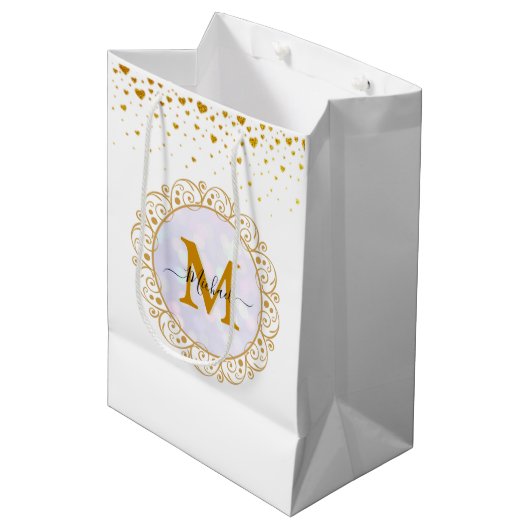 Elegant Gold Glitter Initial & Name Medium Cadeauzakje (Voorkant Gekanteld)