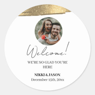 Elegant Gold Glitter Line Custom Welkom Foto toevo Ronde Sticker