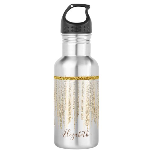 Elegant Gold Glitter Monogram Naam Waterfles (Voorkant)