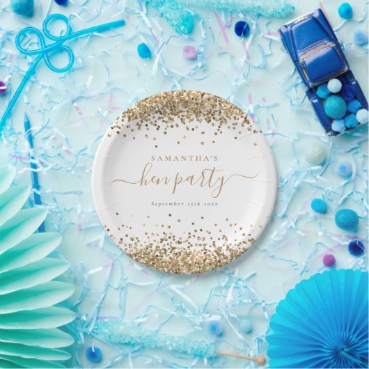 Elegant Gold Glitter Naam Datum Hen Partij Papieren Bordje (Feest)