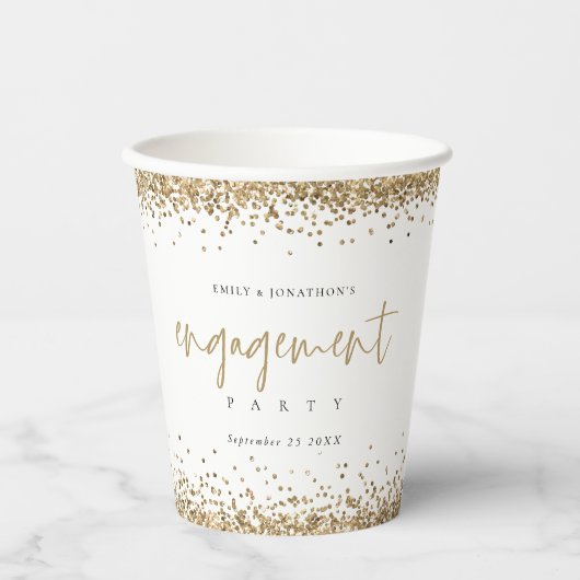 Elegant Gold Glitter Namen Datum Verlovingsfeest Papieren Bekers (Voorkant)