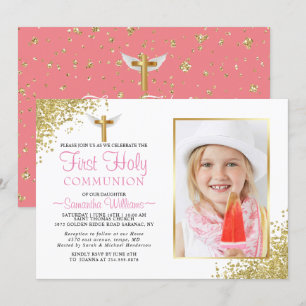 Elegant Gold Glitter Photo First Commune Kaart