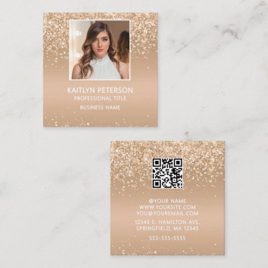 Elegant Gold Glitter Photo QR Code Vierkante Visitekaartje (Voorkant / Achterkant)