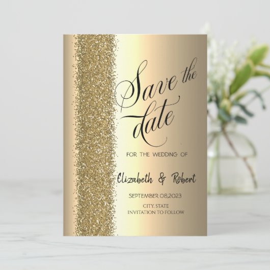 Elegant Gold Glitter Script Save the Date (Staand voorkant)