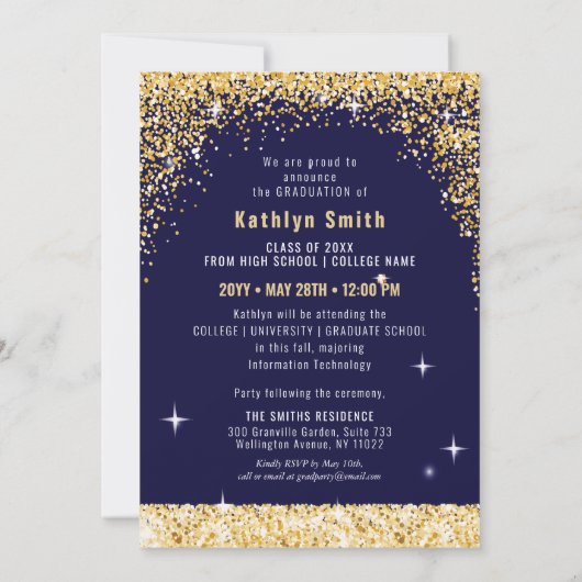 Elegant Gold Glitter Sparking Photo Afstuderen Aankondiging (Achterkant)