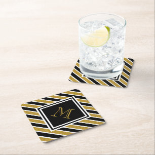 Elegant Gold Glitter Stripes Monogramed Kartonnen Onderzetters