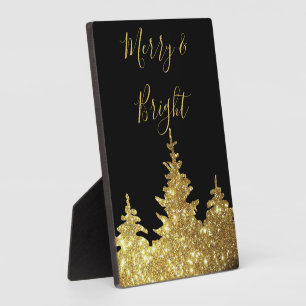 Elegant Gold Glitter Trees Merry en Bright Fotoplaat