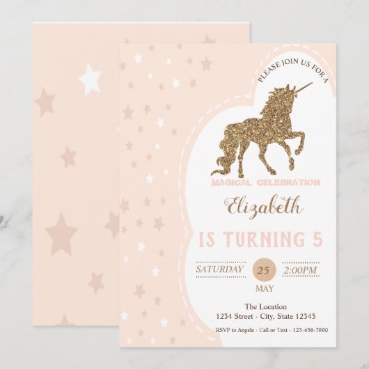 Elegant Gold Glitter Unicorn, Stars Birthday Kaart (Voorkant / Achterkant)