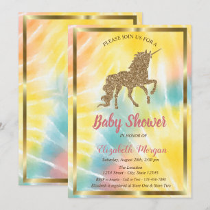 Elegant Gold Glitter Unicorn Tie Dye Baby shower Kaart