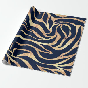 Elegant Gold Glitter Zebra Nay-Blue Animal Print Cadeaupapier