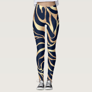 Elegant Gold Glitter Zebra Nay-Blue Animal Print Leggings