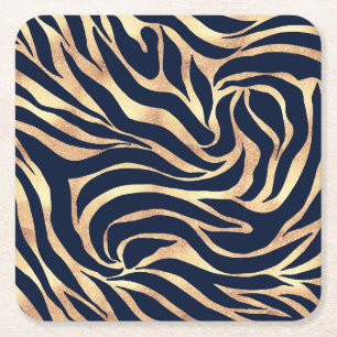 Elegant Gold Glitter Zebra Nay-Blue Animal Print Vierkante Kartonnen Onderzetter