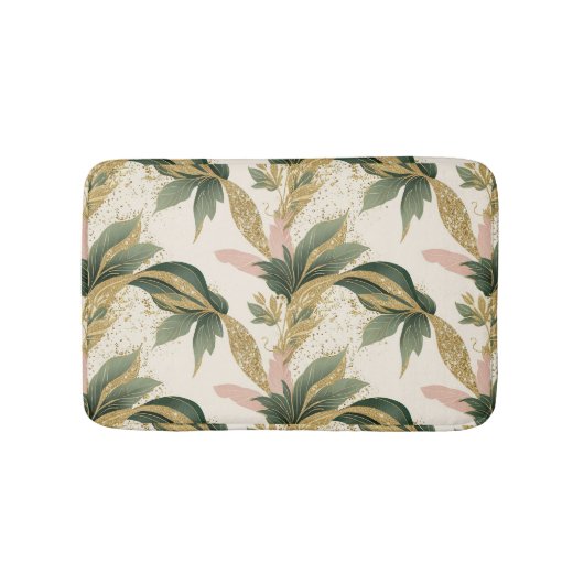 Elegant Gold & Green Leaf Pattern Touch of Pink Badmat (Voorkant)