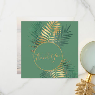 Elegant Gold & Green Tropical Planten Weddenfoto Bedankkaart