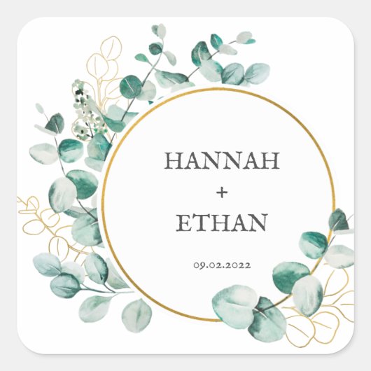 Elegant Gold Greenery Eucalyptus Persoonlijk Vierkante Sticker (Voorkant)