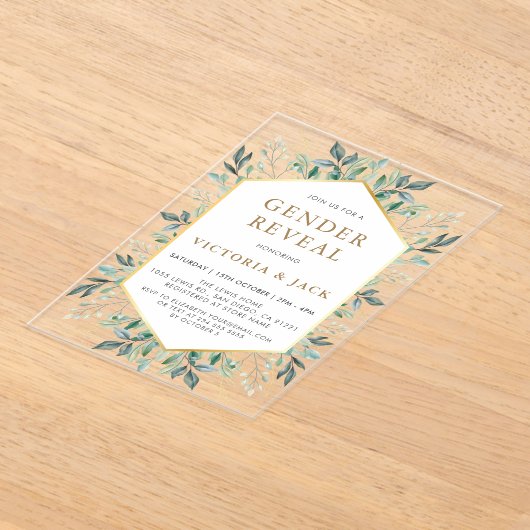 Elegant Gold Greenery Lijst Genderonthulling Acryl Uitnodigingen (Laagn)