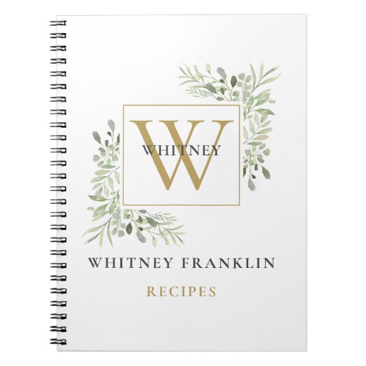 Elegant Gold Greenery Monogram Recipe Cookbook Notitieboek (Voorkant)