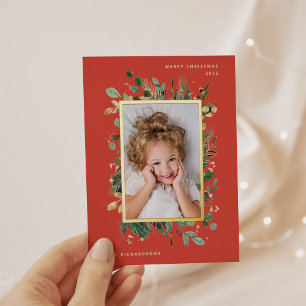 Elegant Gold Greenery Rood met foto Folie Feestdagen Briefkaart