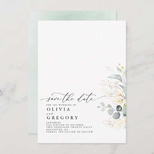 Elegant Gold Greenery slaat de datum op Aankondiging (Voorkant / Achterkant)
