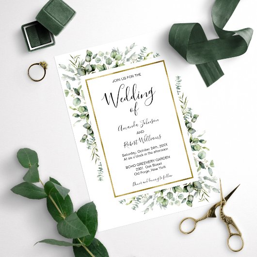 Elegant Gold Greenery Wedding Invitation Kaart