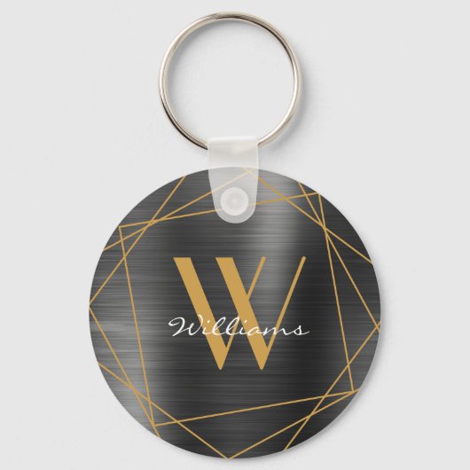 Elegant Gold Grey Monogram Name Script Geometric Sleutelhanger (Voorkant)