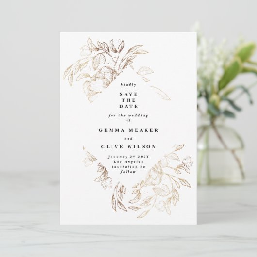 Elegant Gold Hand - foto van botanische bruiloft Save The Date (Staand voorkant)