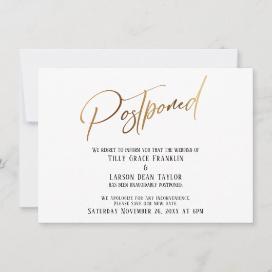 Elegant Gold Handwrite Postponed Wedding Kaart (Voorkant)