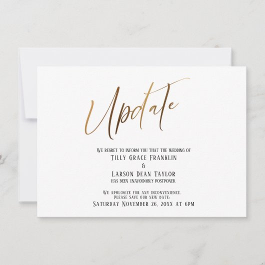 Elegant Gold Handwrite Postponed Wedding Update Kaart (Voorkant)